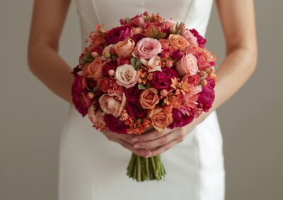 Braut mit einem Biedermeier-Strauß aus rosa und roten Blumen in einem schlichten weißen Kleid.