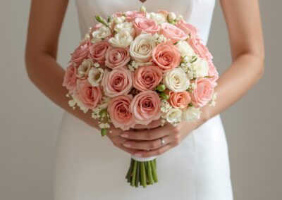 Braut hält einen Biedermeier-Strauß aus rosa und weißen Rosen in einem eleganten Hochzeitskleid.