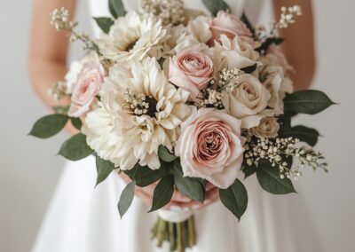 Braut hält einen Blumenstrauß mit Rosen, Chrysanthemen und Eukalyptus in einem eleganten Hochzeitskleid.