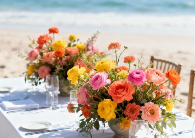 Tischdekoration mit bunten Blumenarrangements für eine Strandhochzeit, sichtbar auf einem gedeckten Tisch.