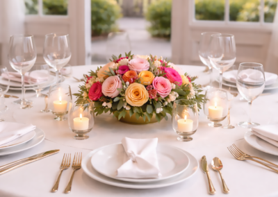 Blumenstrauß aus rosa, pink und apricot Rosen als Mittelpunkt eines festlich gedeckten Tisches; Kerzen, Glas- und Porzellan-Geschirr, goldene Bestecke, weißes Tischtuch, große Fensterfront mit Blick nach draußen