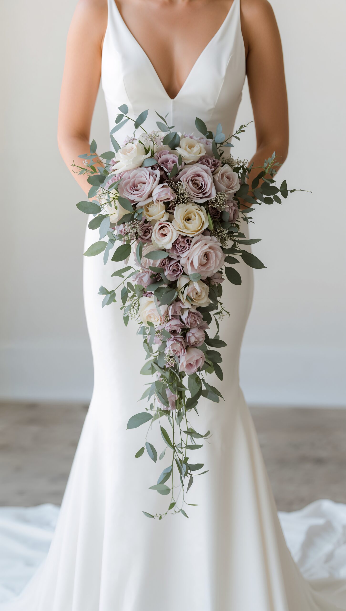Braut hält einen bunten Biedermeier-Strauß mit Rosen und grünen Blättern in der Hand.